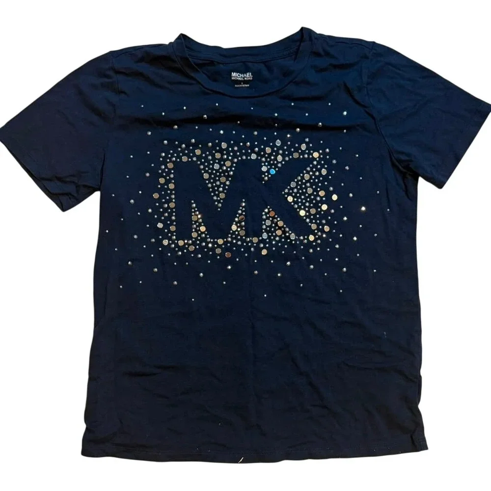 Michael Kors Womens Navy Blue Studded MK Logo Short Sleeve T-Shirt Size S